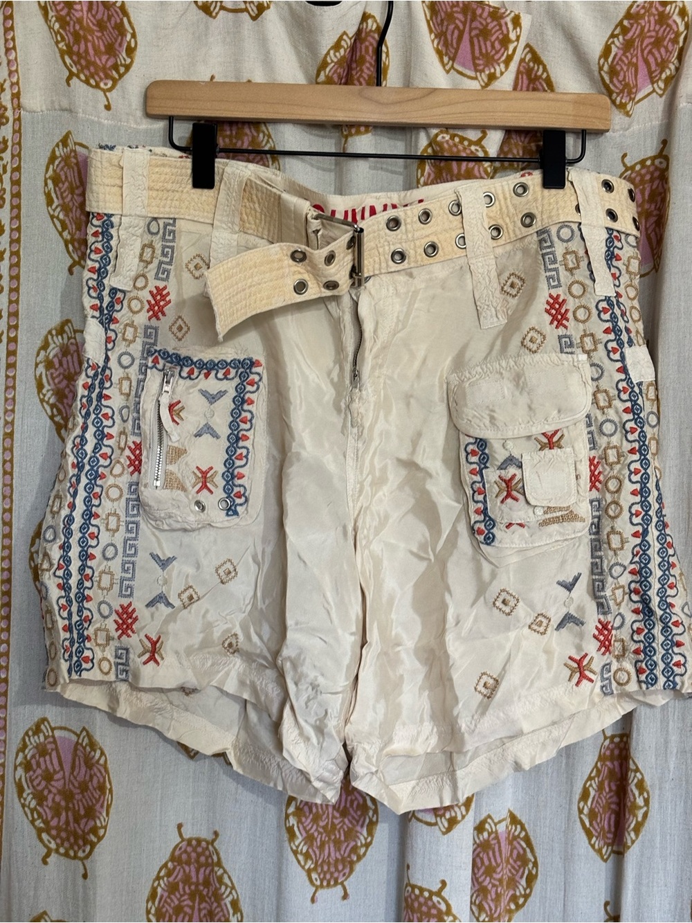 Johnny Was Cream Cargo Shorts with Multicolor Embroidery